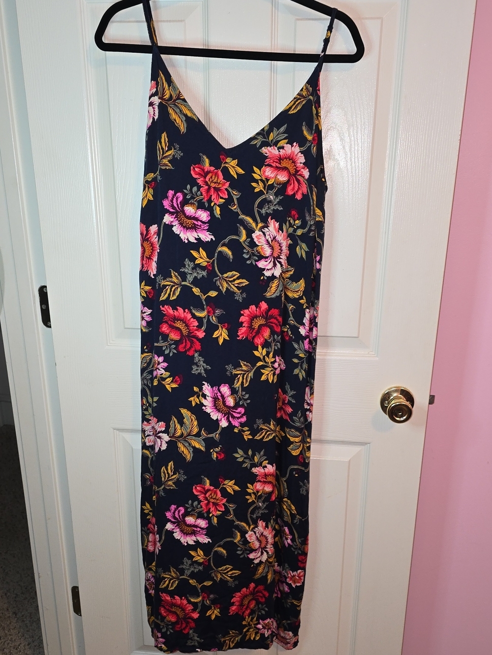 Old Navy Navy Maxi Slip Dress with Pink & Yellow Floral Print